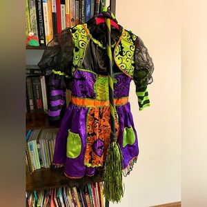 Little girls witch Halloween costume with broom and tights size 5/6